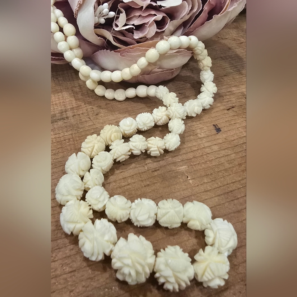 Antique Floral Carved Celluloid Bovine Beaded Necklace